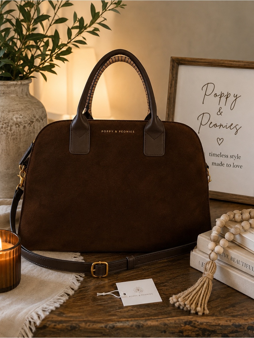 Poppy & Peonies Dark Brown Suede Top-Handle Bag